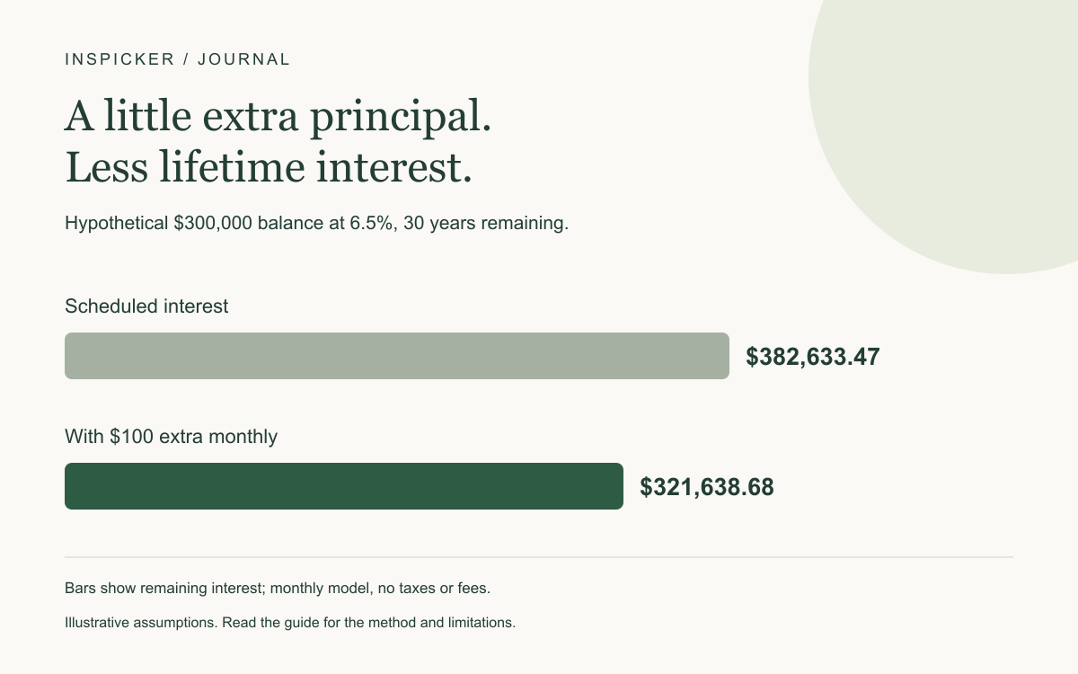 Hypothetical $300,000 balance at 6.5%, 30 years remaining. Scheduled interest: $382,633.47; With $100 extra monthly: $321,638.68. See the article for assumptions.