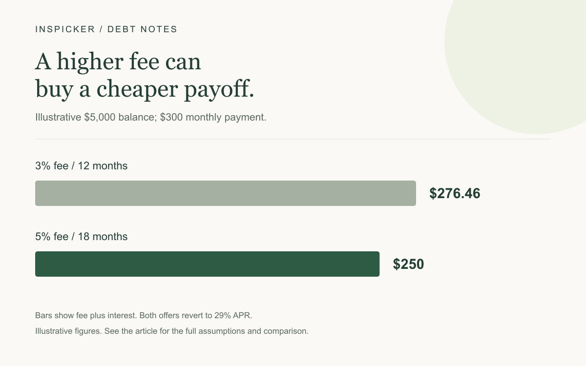 Illustrative $5,000 balance; $300 monthly payment. 3% fee / 12 months: $276.46; 5% fee / 18 months: $250. Hypothetical example; see article assumptions.