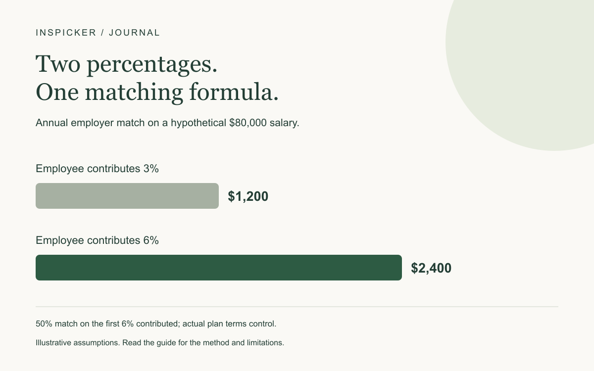 Annual employer match on a hypothetical $80,000 salary. Employee contributes 3%: $1,200; Employee contributes 6%: $2,400. 50% match on the first 6% contributed; actual plan terms control.