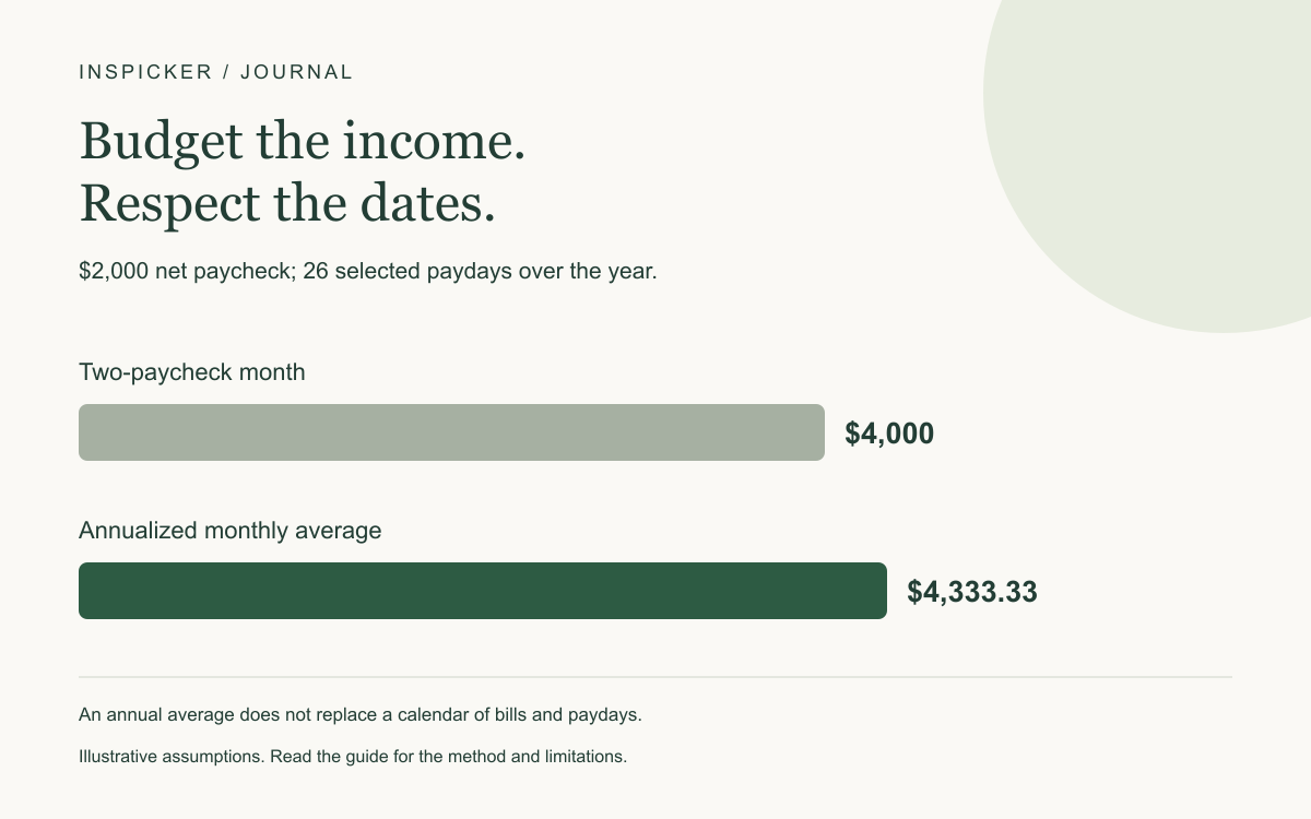 $2,000 net paycheck; 26 selected paydays over the year. Two-paycheck month: $4,000; annualized monthly average: $4,333.33. An annual average does not replace a calendar of bills and paydays.