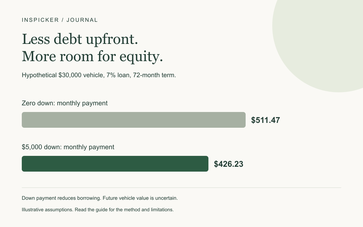 Hypothetical $30,000 vehicle, 7% loan, 72-month term. Zero down: monthly payment: $511.47; $5,000 down: monthly payment: $426.23. Down payment reduces borrowing. Future vehicle value is uncertain.