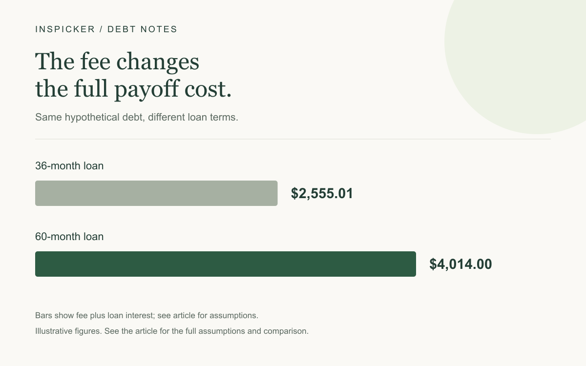 Same hypothetical debt, different loan terms. 36-month loan: $2,555.01; 60-month loan: $4,014.00. Hypothetical example; see article assumptions.