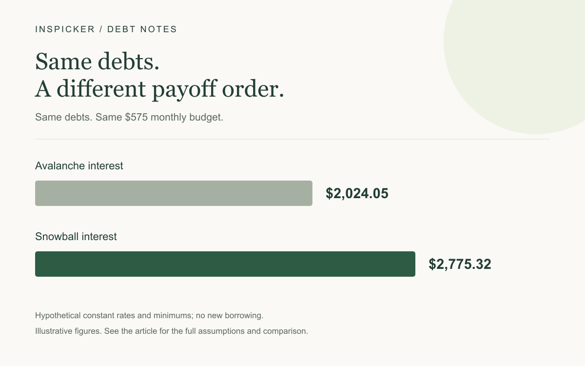 Same debts. Same $575 monthly budget. Avalanche interest: $2,024.05; Snowball interest: $2,775.32. Hypothetical example; see article assumptions.