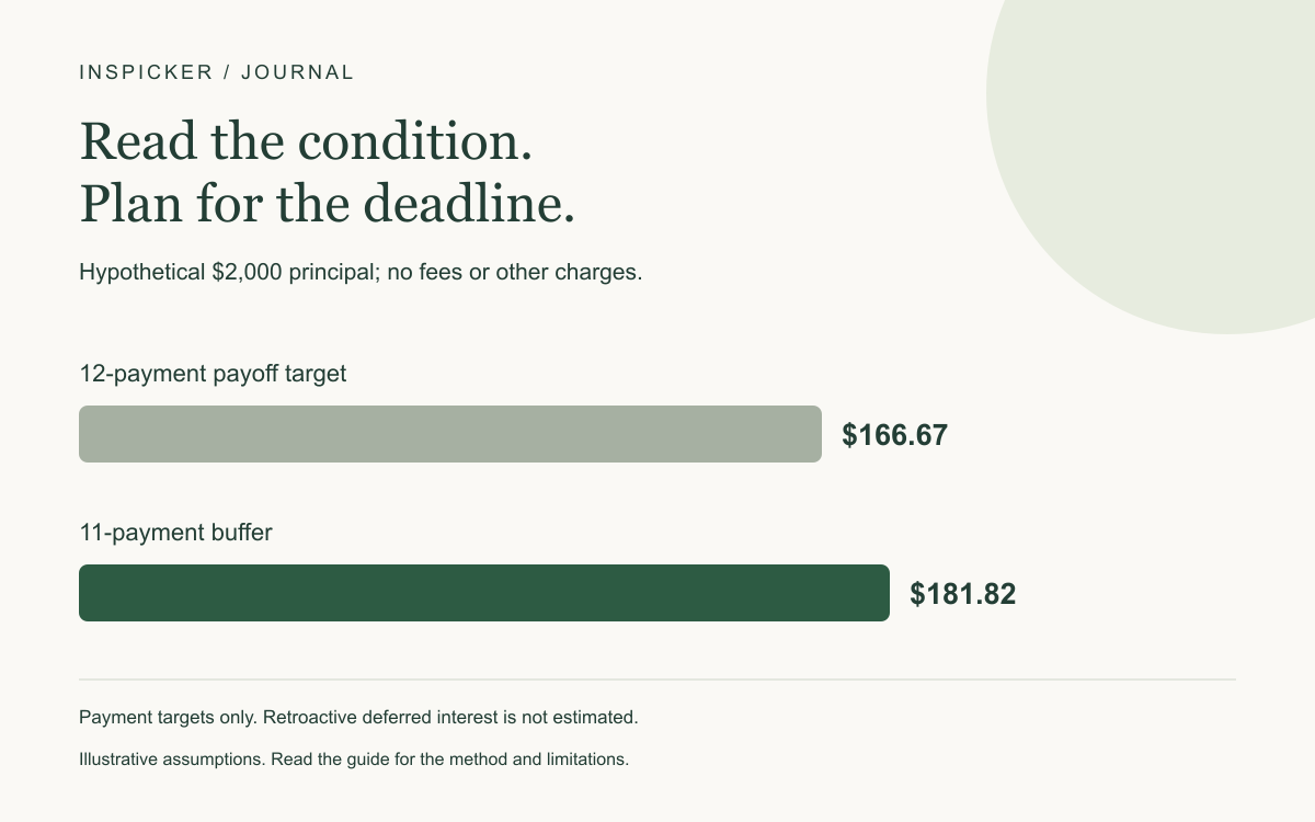 Hypothetical $2,000 principal; no fees or other charges. Twelve-payment target: $166.67; eleven-payment buffer: $181.82. Payment targets only. Retroactive deferred interest is not estimated.