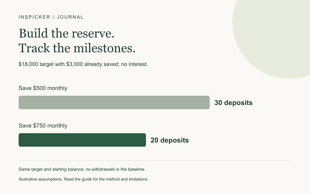 $18,000 target with $3,000 already saved; no interest. Save $500 monthly: 30 deposits; Save $750 monthly: 20 deposits. Same target and starting balance; no withdrawals in the baseline.