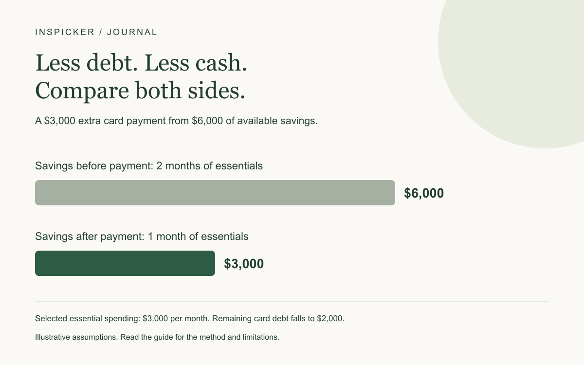 A selected $3,000 card payment reduces accessible savings from $6,000 to $3,000. At $3,000 monthly essential spending, coverage falls from two months to one. Card principal falls from $5,000 to $2,000.