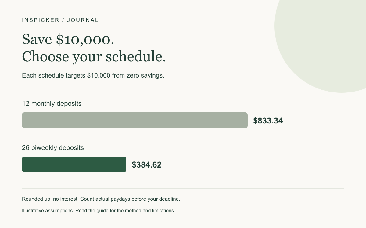 Each schedule targets $10,000 from zero savings. 12 monthly deposits: $833.34; 26 biweekly deposits: $384.62. See the article for assumptions.