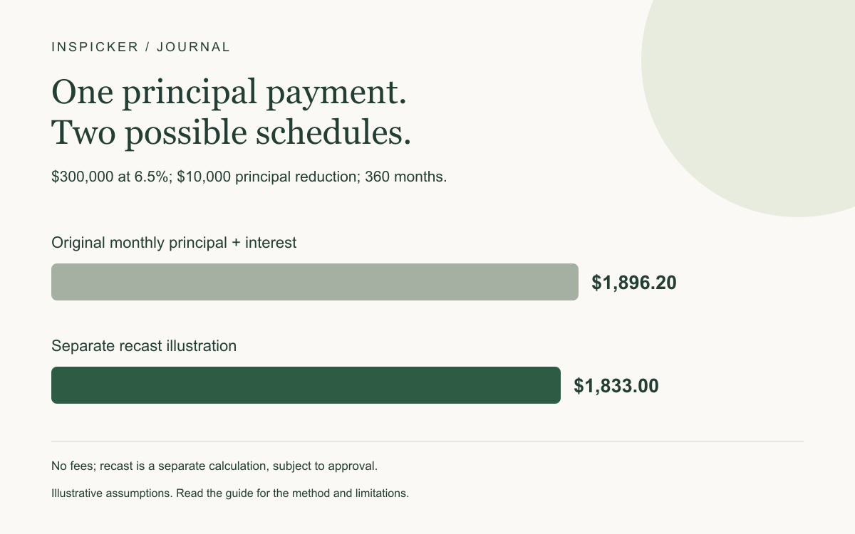 $300,000 at 6.5%; $10,000 principal reduction; 360 months. Original monthly principal + interest: $1,896.20; Separate recast illustration: $1,833.00. No fees; recast is a separate calculation, subject to approval.