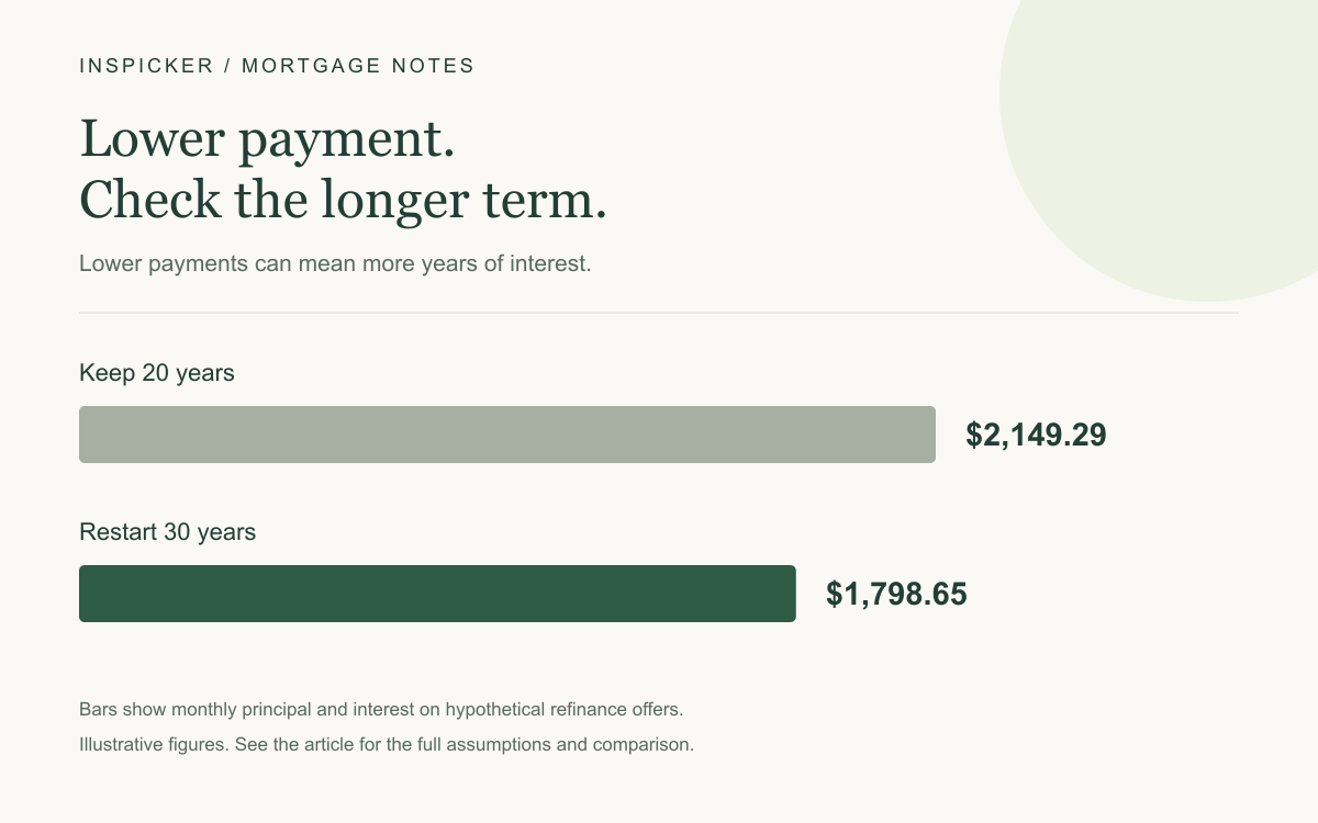 Lower payments can mean more years of interest. Keep 20 years: $2,149.29; Restart 30 years: $1,798.65. Hypothetical example; see article assumptions.