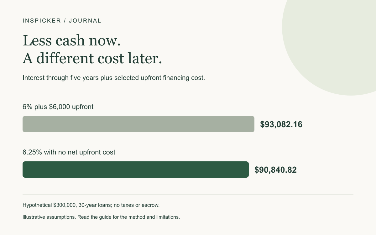 Interest through five years plus selected upfront financing cost. 6% plus $6,000 upfront: $93,082.16; 6.25% with no net upfront cost: $90,840.82. Hypothetical $300,000, 30-year loans; no taxes or escrow.
