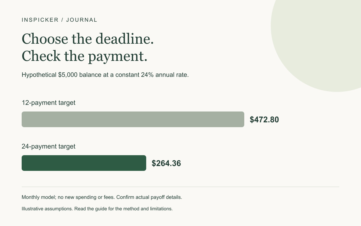Hypothetical $5,000 balance at a constant 24% annual rate. Twelve-payment target: $472.80. Twenty-four-payment target: $264.36. Monthly model; no new spending or fees. Confirm actual payoff details.