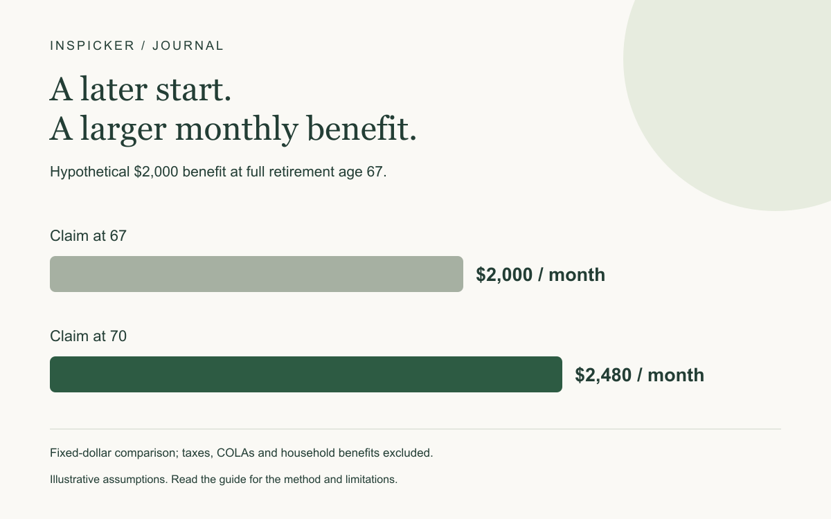 Hypothetical $2,000 benefit at full retirement age 67. Claim at 67: $2,000 / month; Claim at 70: $2,480 / month. Fixed-dollar comparison; taxes, COLAs and household benefits excluded.